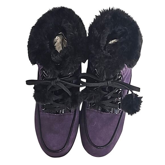 Sporto Womens Purple Leather Upper Black Faux Fur Pom Pom Lace Up Boots Size 8 - Picture 3 of 10